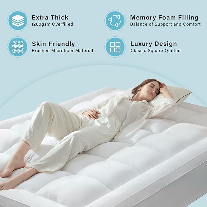 Anluoer California King Mattress Topper, Memory Foam Pillow Top Mattress Topper for Back Pain, Extra Thick Breathable Mattress Pad with 8-21" Deep Pocket, 72x84 Inches, White