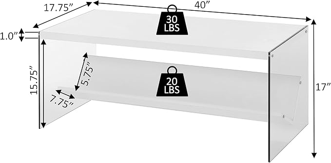 Convenience Concepts SoHo Glass Modern Living Storage Shelf, Contemporary Coffee Table for Family Room, 40", White