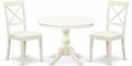 East West Furniture HBBO3-LWH-C 3 Piece Modern Dining Table Set Contains a Round Wooden Table with Pedestal and 2 Linen Fabric Kitchen Dining Chairs, 42x42 Inch, Linen White