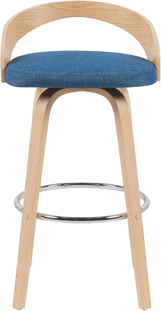 Armen Living Sonia Modern Swivel Bar Height Stool with Blue Upholstered Seat and Patterned Oak Wood Finish