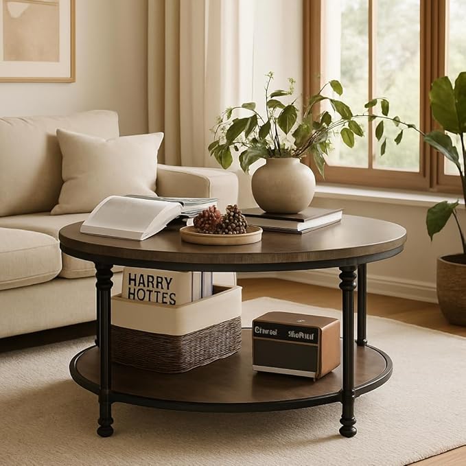 34.25in Round Wood Coffee Table,2-Tier Small Coffee Table with Storage Shelf Modern Design Home Furniture for Living Room, Apartment，Light Walnut