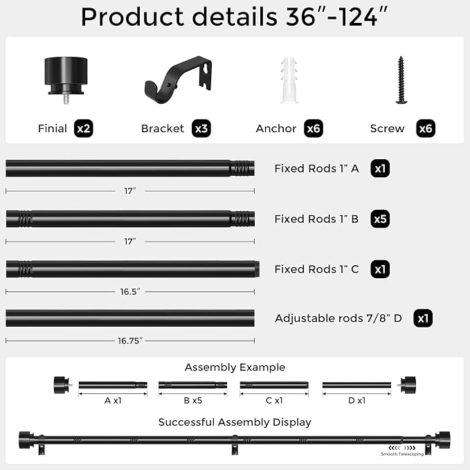 Curtain Rods for Windows 66 to 120 Inch, Decorative Adjustable Heavy Duty Easy - Image 5