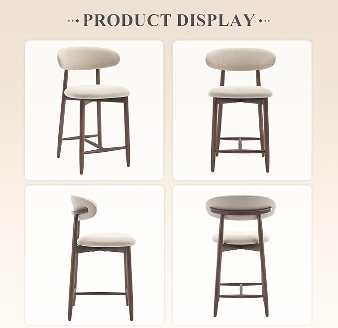 COLAMY Counter Height Bar Stools Set of 2, Kitchen Bar Stools with Back, Mid Century Modern Upholstered, with Wood Legs for Kitchen Island Dining Room, Beige