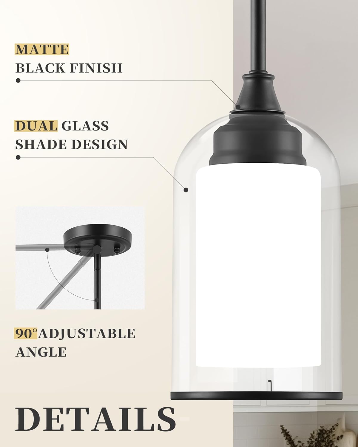 LIROUVET Black Pendant Light Fixtures - Dual Glass Hanging Light, 1-Light Pendant Lights with Clear and Milk Glass, Industrial Pendant Lighting for Kitchen, Dining Room, PL02BK-N