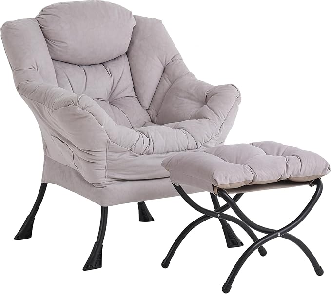 Lazy Chair and Ottoman, Large Accent Lounge Chair with Armrests and a Side Pocket, Modern Leisure Upholstered Sofa Reading Armchair with Footrest for Bedroom, Living Room, Dorm Rooms, Office