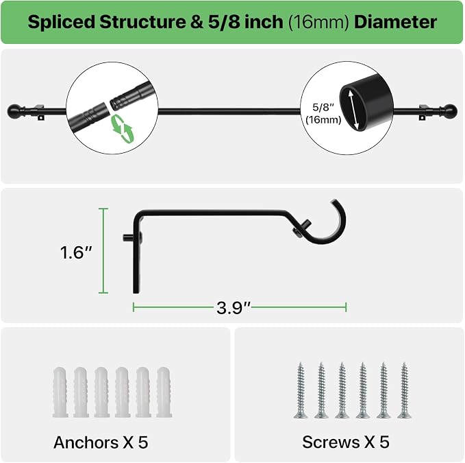 Black Curtain Rods for Windows 48 to 84, Adjustable Curtain Rod Set - Image 3
