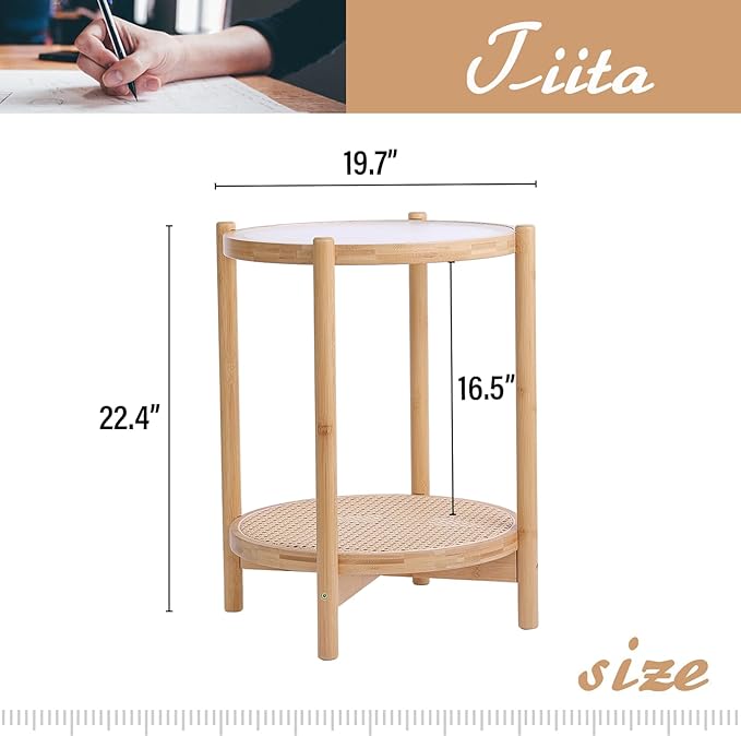 Tiita Rattan Coffee Table, Round End Table, 19.7Inch Modern Side Table, Small Bamboo Living Room Side Table, Glass Sofa End Table for Balcony and Office Outdoor/Indoor (Wood)