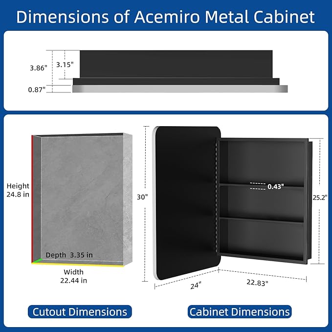 24x30 Inch Bathroom Medicine Cabinet with Mirror Metal Framed Recessed or Wall Mounted Mirrored Medicine Cabinets for Bathroom Brushed Silver