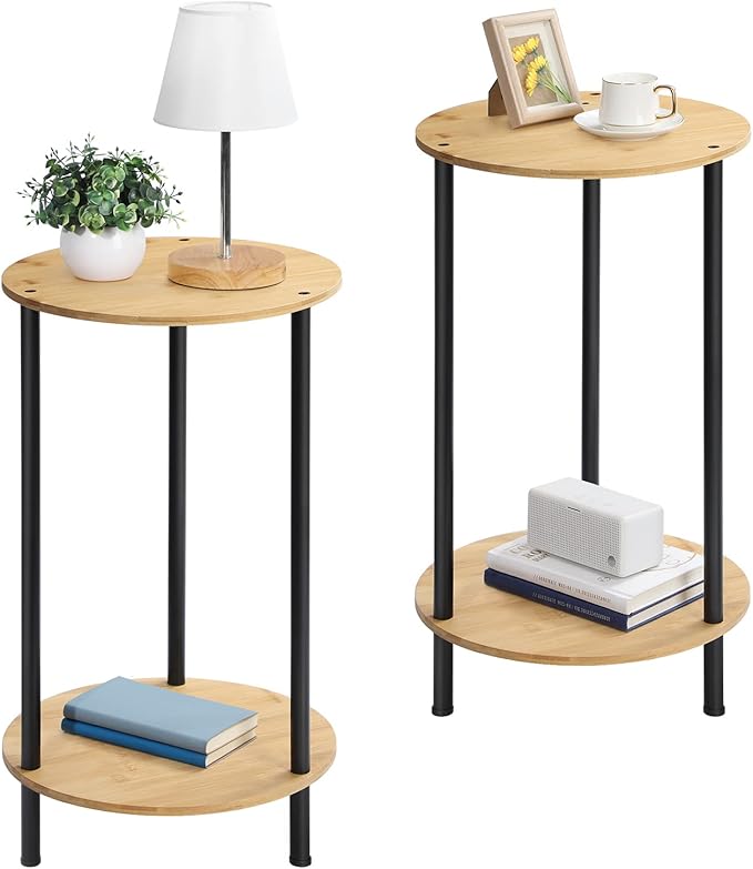 Small Round Table Set of 2, End Tables Living Room, Side Tables for Small Spaces, 2 Tiers Rustic Accent Tables, Night Stands for Bedrooms, Coffee Tables With Storage Shelf