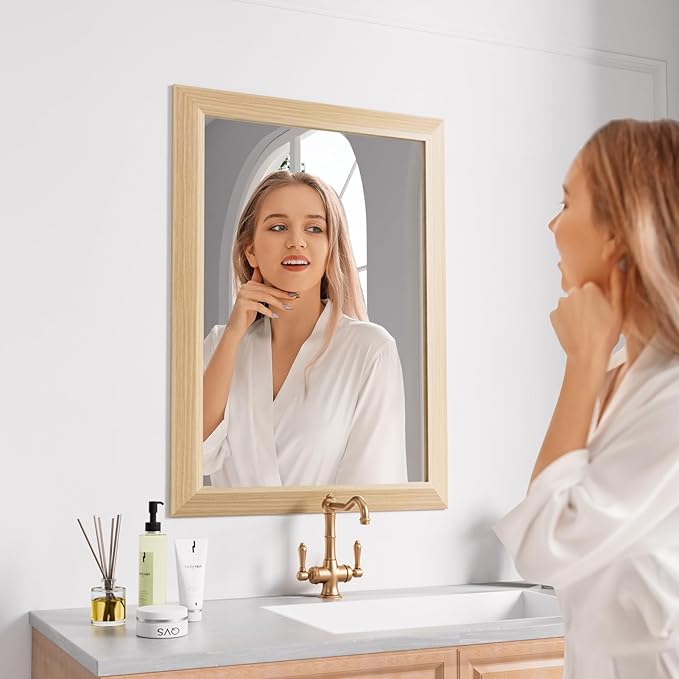 Amorho 22 X30 Inch Bathroom Mirror for Wall, Oak Wood Grain Metal Framed Mirror, Anti-Rust, Hang Horizontally/Vertically, Suitable for Bedroom, Farmhouse, Bathroom, Decorative