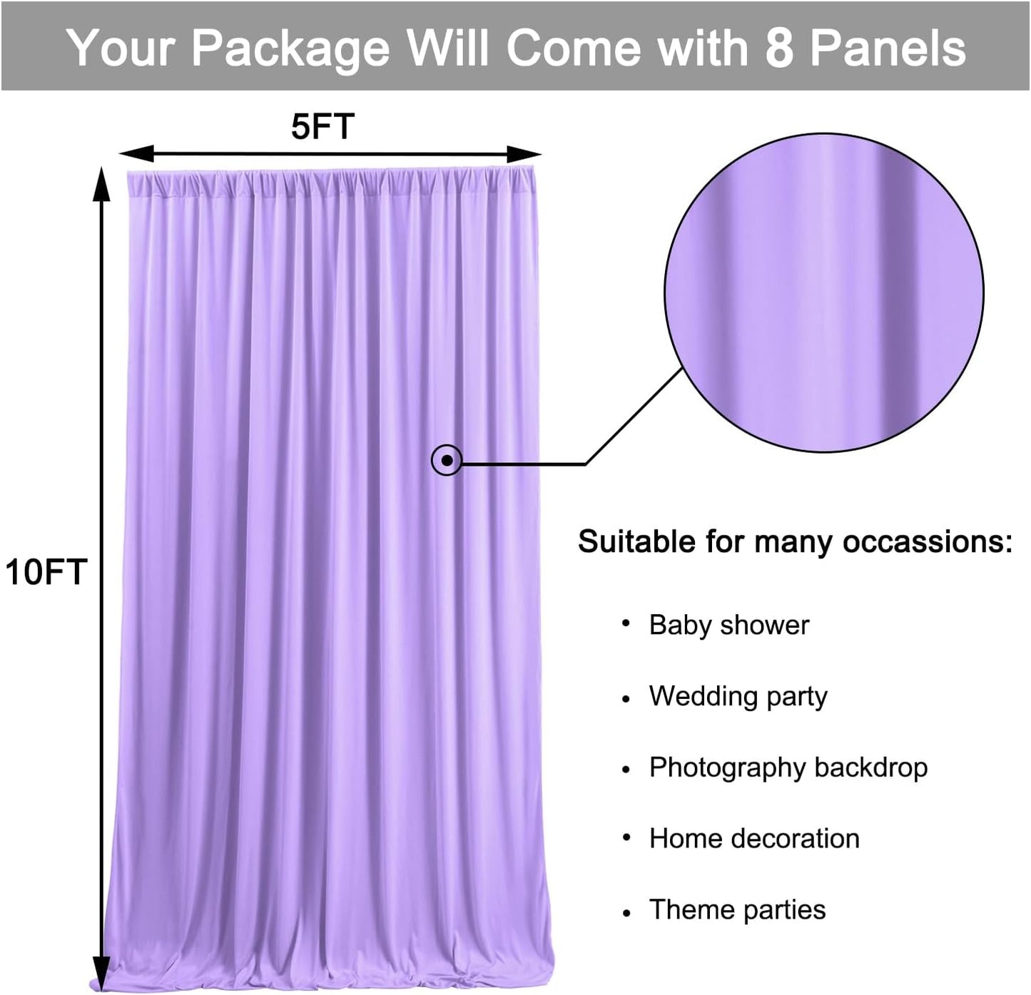 40 ft x 10 ft Wrinkle Free Lavender Backdrop Curtain for Parties, Polyester Light Purple Photo Backdrop Drapes 8 Panels 5x10ft for Baby Shower Photoshoot Wedding Birthday Party Photography Curtains