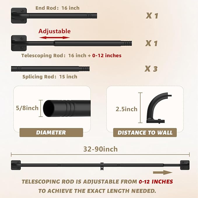 UIOSANRT Curtain Rods for Windows 48 to 84 inch, 5/8" Diameter Black Curtain - Image 5