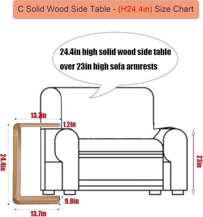 C Shaped End Table 24.4in High, Solid Wood C Side Table for Couch Sofa and Bed, Sofa Tables That Slide Under for Space Saving, Small Snack C Tables for Living Room Bedroom (H 24.4″ - Brown, 1)