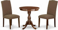 East West Furniture ESEN3-MAH-18 3 Piece Dinette Set for Small Spaces Contains a Round Dining Table with Pedestal and 2 Dark Coffee Linen Fabric Upholstered Chairs, 30x30 Inch, Mahogany