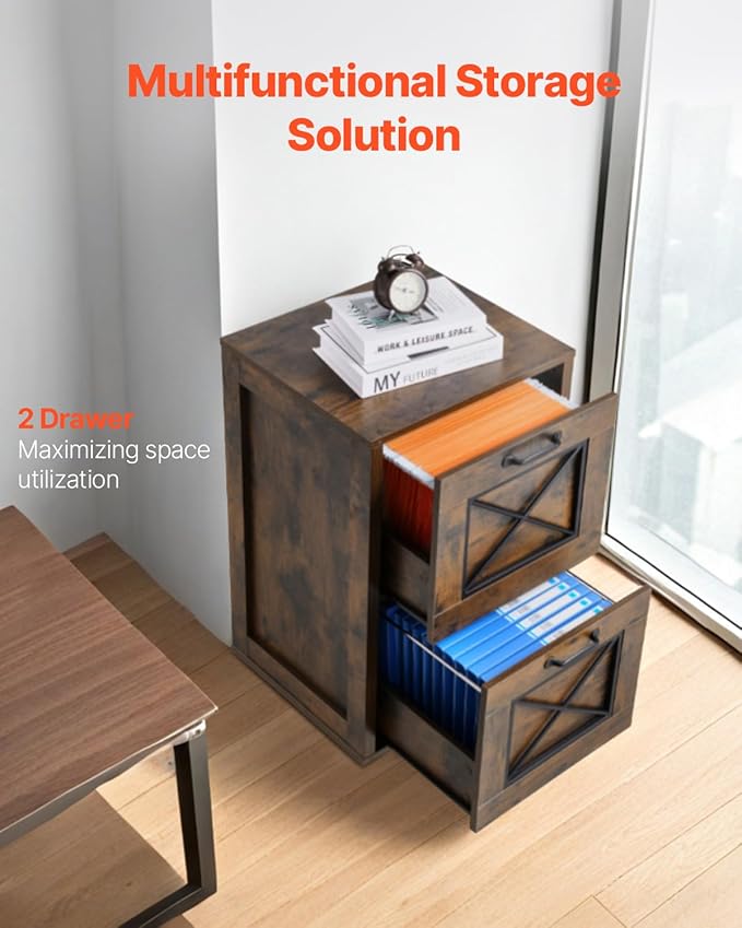 VEVOR 2 Drawer File Cabinet, Vertical Filing Storage Cabinets for Home Office, Heavy-Duty Cabinet with 2-Level Adjustable Hanging Rod, for A4/Letter/Legal Size File, Easy to Assemble (Honey Brown)