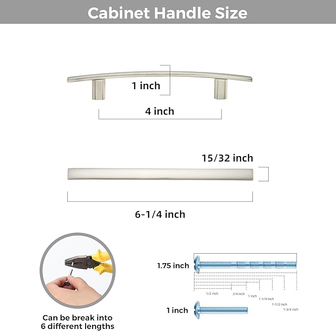 10 Pack Cabinet Handles 4" Hole Center - Curved Cabinet Pulls Brushed Nickel Drawer Pulls for Kitchen Cupboard Solid Hardware for Dresser Drawer Arch Hardware
