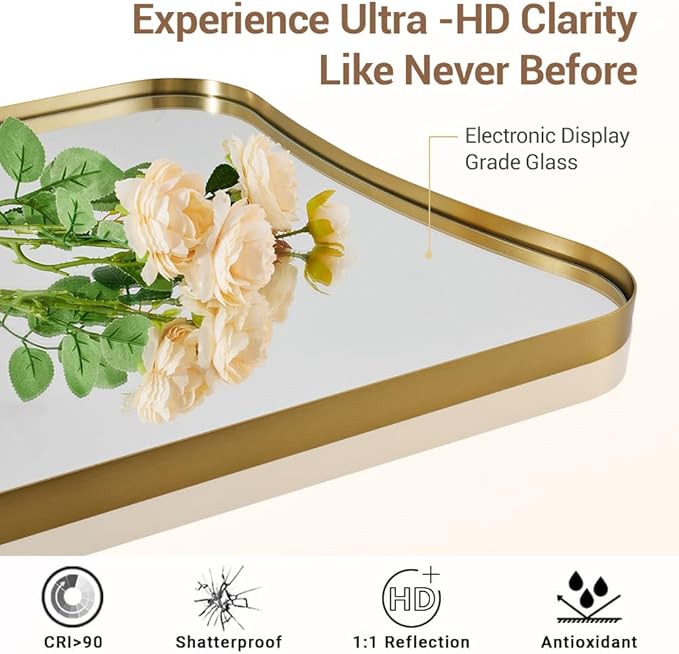 ANDY STAR Gold Vanity Mirror, 26x38 Inch Brushed Gold Asymmetrical Wall Mirror, Antique Brass Bathroom Mirror in Anti-Rust Stainless Steel Metal Frame, Large Decorative Mirror, Butterfly Shape