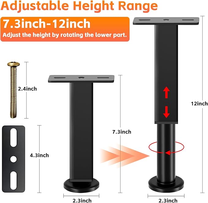 6PCS Adjustable Height Bed Support Legs, 7.3-12 In, Metal Heavy Furniture Legs with Rubber Non-Slip Base for Sofa/Cabinet/Couch/Dresser/Table, Furniture Feet Replacement for King Queen Bed Frame Slat