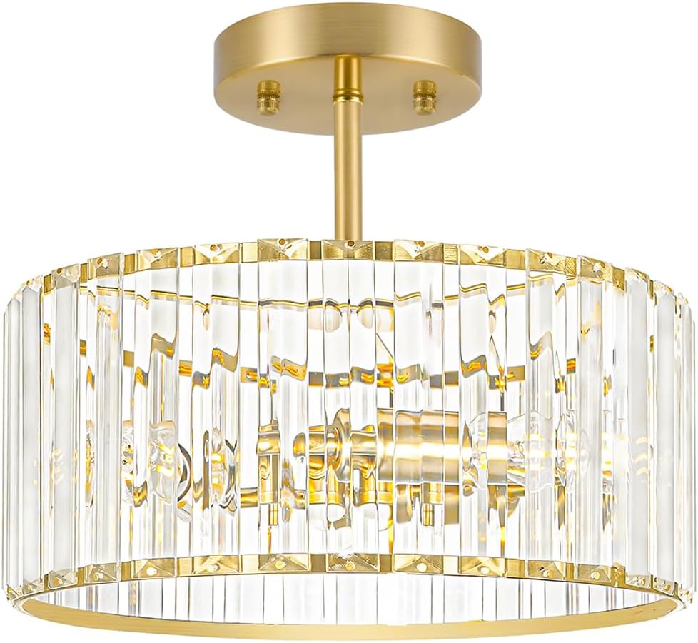 Modern Crystal Ceiling Light, Brushed Gold Semi Flush Mount Ceiling Lighting Fixture, Brass Hallway Light Fixtures Chandelier for Kitchen, Bedroom Dining Room Hallway Closet, 3-Light, 12 Inch