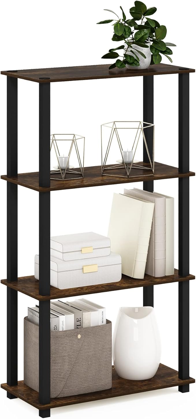 Furinno Turn-S-Tube 4-Tier Compact Multipurpose Shelf Display Rack with Square Tube, Amber Pine/Black