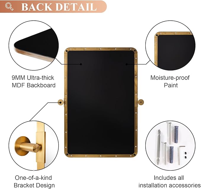 MOON MIRROR Brushed Gold Rectangle Pivot Mirror for Bathroom, Brass Pivoting Vanity，Overall 24.33 x 30 in (Mirror 20x 30 in)