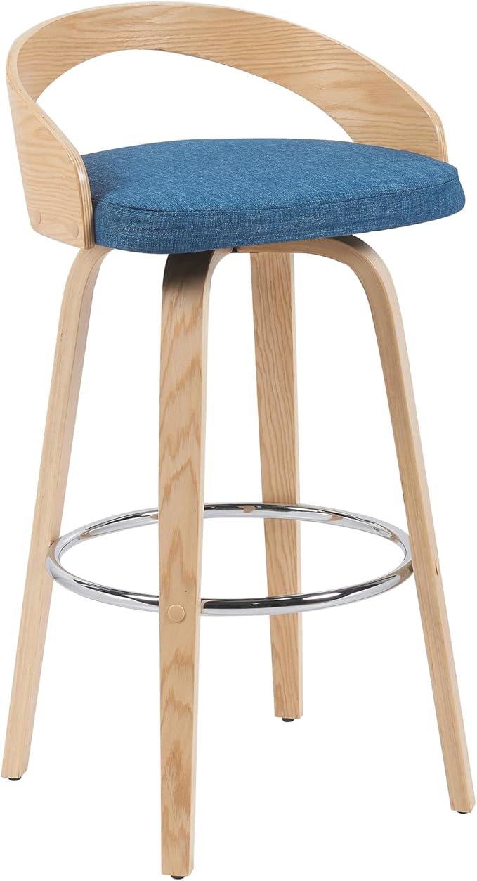Sonia Modern Swivel Bar Height Stool with Blue Upholstered Seat and Patterned Oak Wood Finish Set of 3