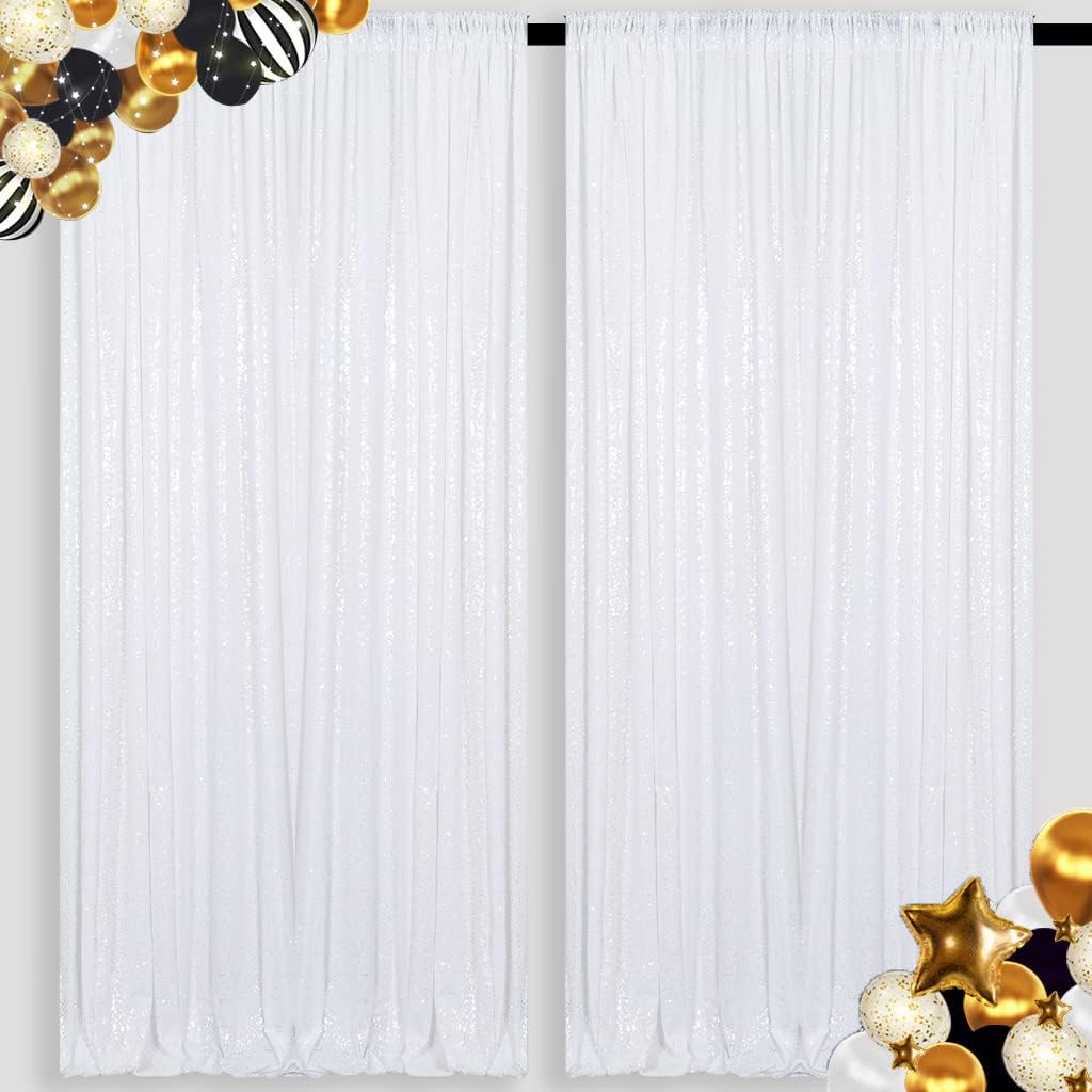 ShinyBeauty 2 Panels White Sequin Backdrop Curtain | 5Ft x 10Ft Glitter Wedding & Photography Background | Shimmer Curtains | Payette Sequin Fabric | Elegant & Durable Photo Backdrop