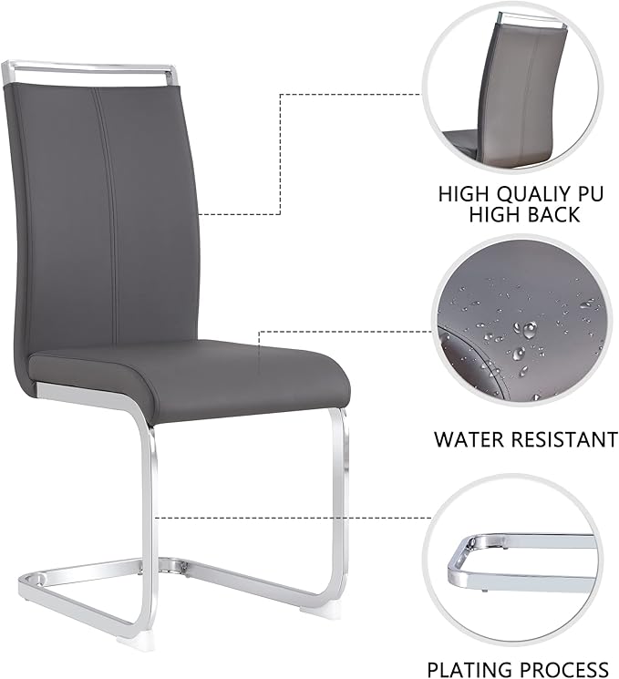 Dining Chairs Set, Kitchen Modern Metal Chairs with Faux Leather Padded Seat High Back and Sturdy Chrome Legs, Chairs for Dining Room (Grey, Set of 4)