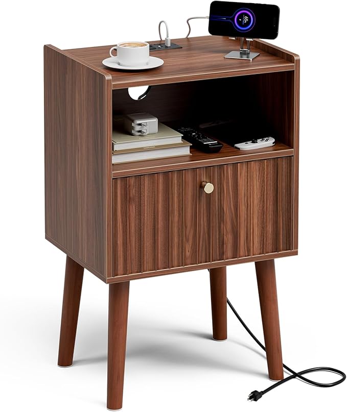 Side Table with Charging Station, Modern End Table with Fluted Drawer, Bedside Table, Night Stand with 2 Tiers Storage Space, for Bedroom, Living Room, Walnut