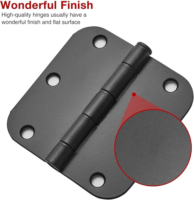 108 Pack Rounded Matte Black Door Hinges 3.5 Inch 5/8" Radius for Interior 3 1/2" Flat Iron Bifold Residential Standard Hinge Bedroom Indoor for Doors 3 ½"Hardware Heavy Duty Steel Regular Home Kit