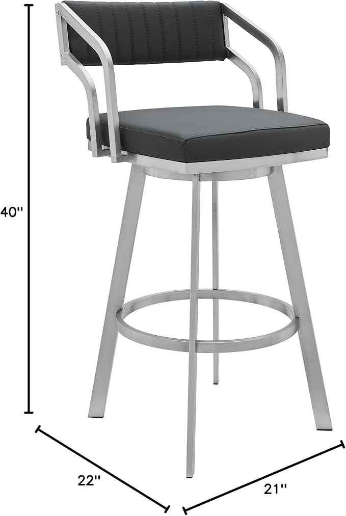 Armen Living Capri Modern 30" Seat Height Gray Faux Leather and Brushed Stainless Steel Metal Swivel Bar Stool for Kitchen Island Counter