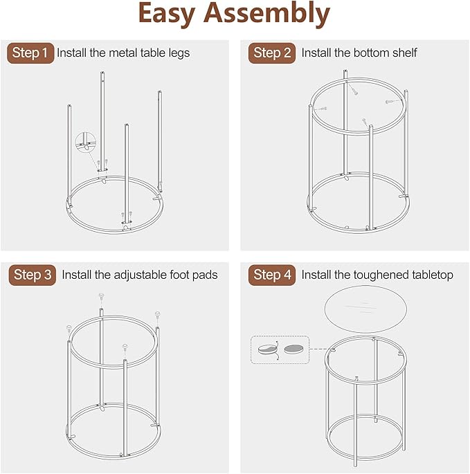 19.7’’ Round Glass End Table, Round Bedside Table with Tempered Glass Top, Black Glass Side Table with Metal Frame, Modern Round End Table for Living Room Balcony Bedroom Porch Patio