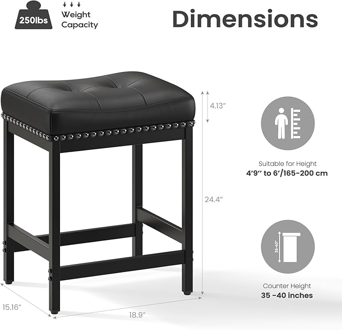 MALOL Set of 3 Saddle Bar Stools Counter Height 24.4”, Black Backless Barstools for Kitchen Island, Modern PU Leather Cushioned Seat, Bar Chairs for Kitchen Counter, Breakfast Bar Stools for Home