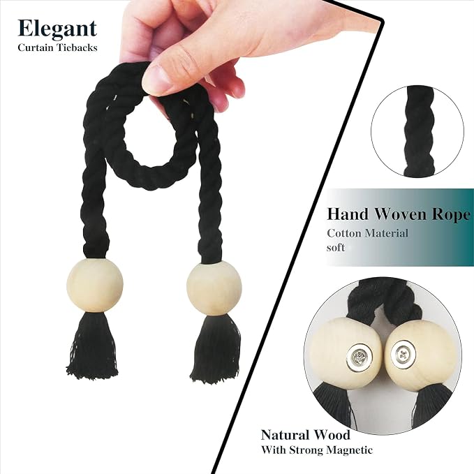 6 Pack Magnetic Curtain Tiebacks Cotton Hand Woven Tie Back Decorative Rope - Image 2