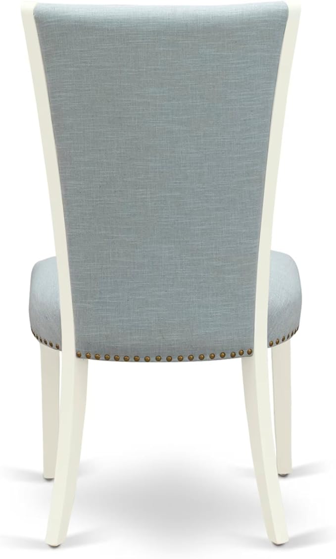 East West Furniture V097VE215-9 9 Piece Dining Set Includes a Rectangle Dining Room Table with V-Legs and 8 Baby Blue Linen Fabric Upholstered Parson Chairs, 40x72 Inch, Multi-Color
