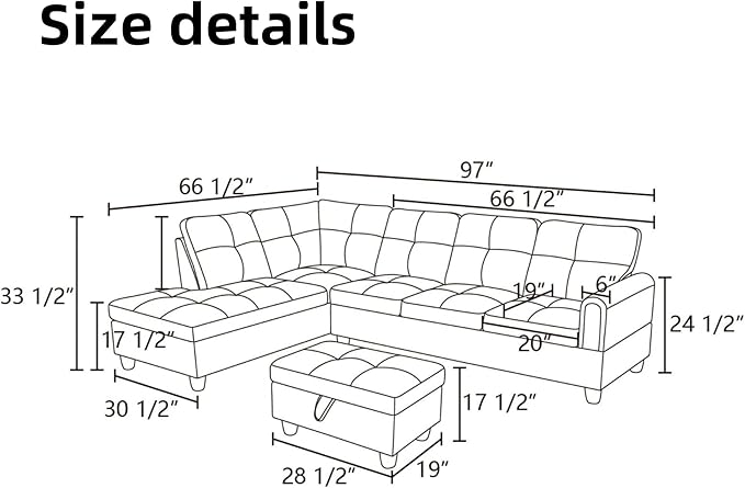 L Shaped Sectional Couches for Living Room, Modern Modular Sectional Sofa with Ottoman Storage, Comfy L Shaped Couch with Chaise for Bedroom Apartment Furniture, Gray