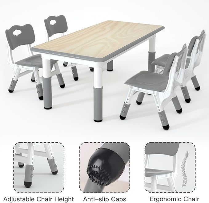 Kids Table and 4 Chairs Set，Height Adjustable Children Table & Chair，Toddlers Study Multi-Activity Table with 47.2"x23.6" Wipe-Clean Desktop，for Classrooms, Homes & Daycares