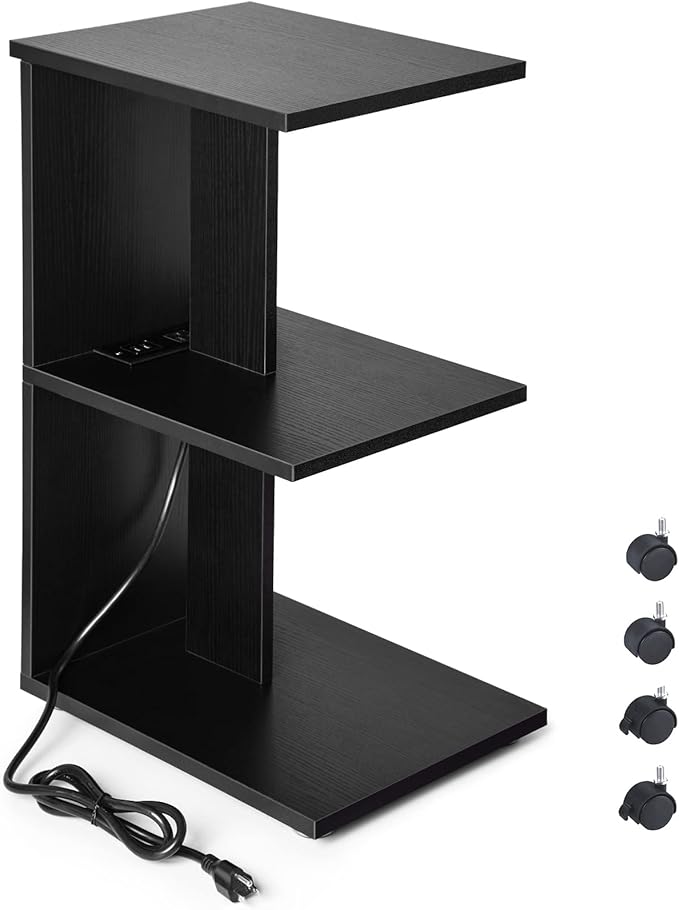 ZGREN End Table with Charging Station, Narrow Side Tables for Small Spaces USB Ports and Outlets Rolling Bedside Nightstand Sofa Couch Slim Shelf Night Stand Living Room, Bedroom, Black