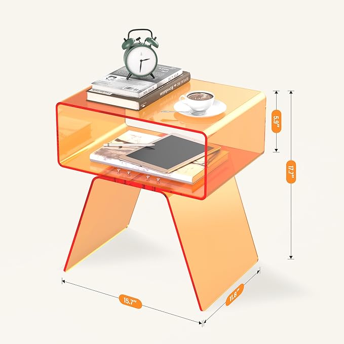Acrylic Side Table with Easy Assembly Mini Modern End Table/Nightstand for Bedroom, Living Room, or Bathroom Compact Design Orange