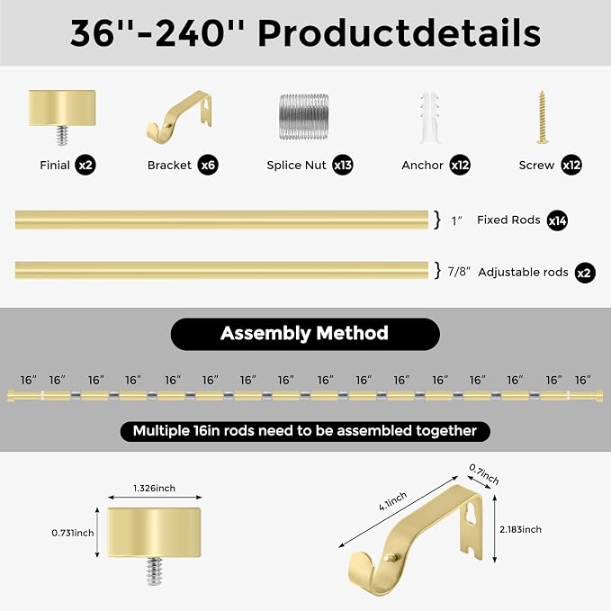 Gold Curtain Rods for Windows 36 to 240 Inch, Size:36-240 Inch - Image 8