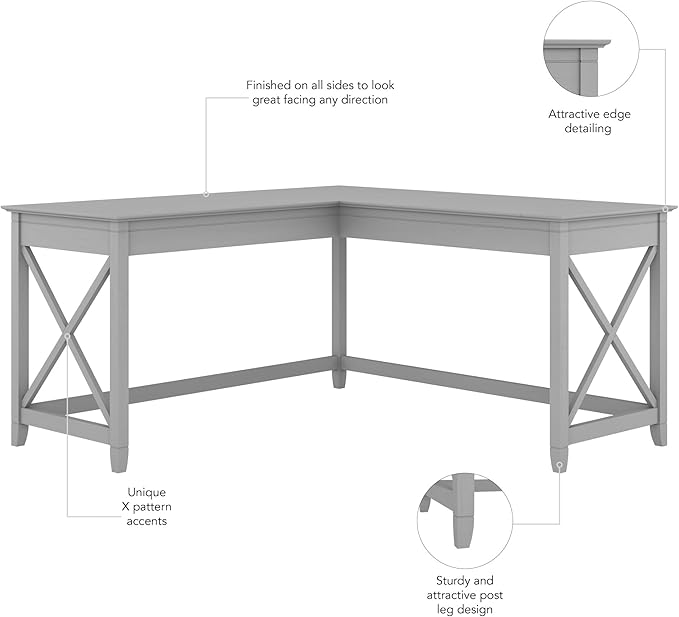 Bush Furniture Key West 60W Modern Farmhouse L Shaped Desk in Cape Cod Gray | 60-Inch Corner Table for Home Office