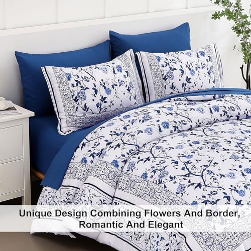 Floral Comforter Full Size, 7 Piece Bed in a Bag Full Blue Flowers on White - Image 4