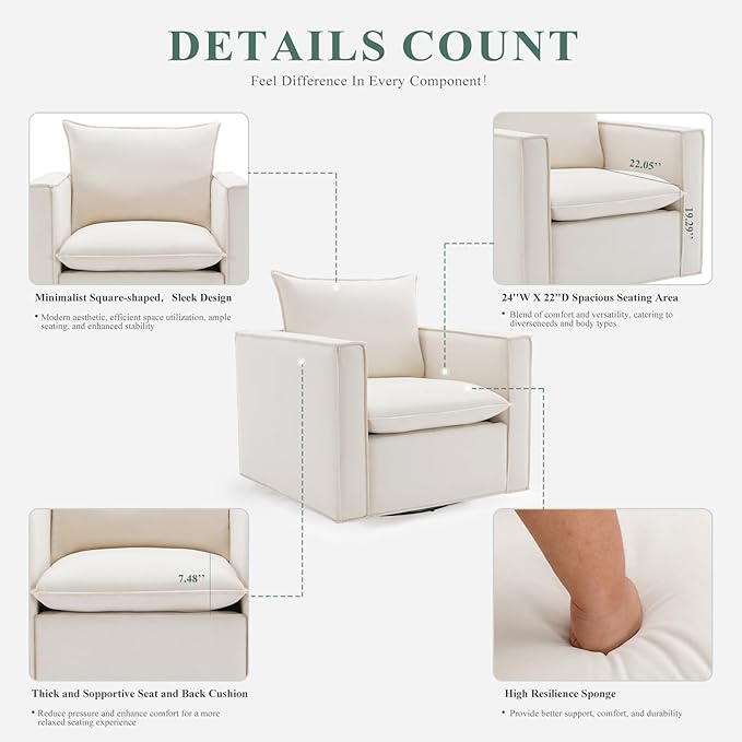 Swivel Accent Chair Set of 2,34'' Wide Upholstered Arm Chair with Plump Back Pillow, Modern Sofa Living Room Chair for Bedroom, Corner, Reading Nook-Classic Beige