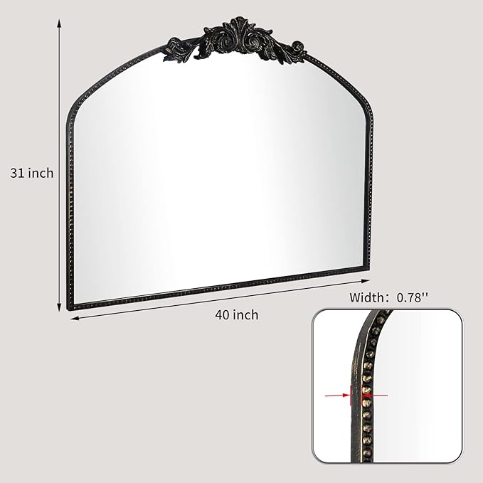 AIXI HOME Vintage Black Arched Mirror 40"X31", Antique Baroque Mantel Wall Mirror with Black Brush Gold Metal Ornate Frame for Entryway/Fireplace/Living Room/Hallway/Bathroom/Bedroom
