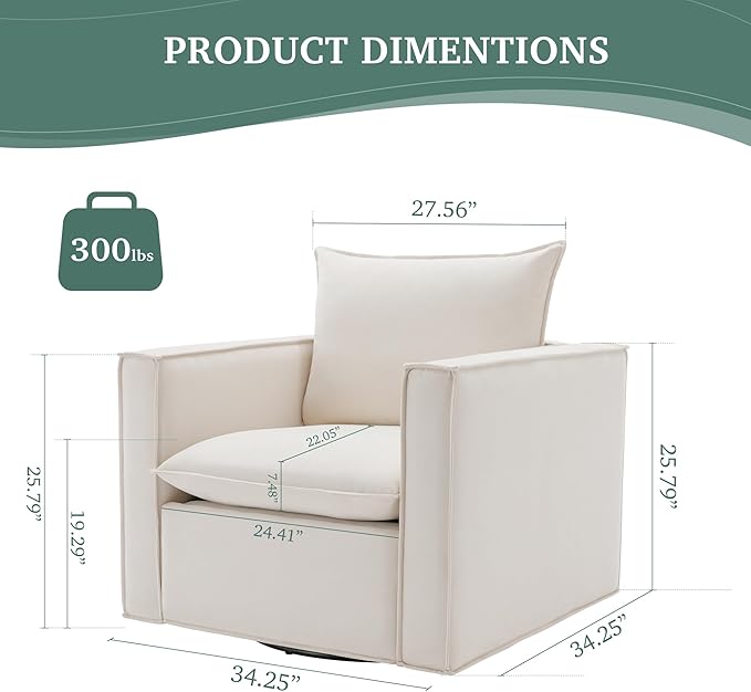 COLAMY Swivel Accent Chair, 34 Inches Wide Upholstered Arm Chair with Plump Back Pillow, Modern Sofa Living Room Chair for Bedroom, Corner, Reading Nook-Beige