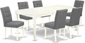 East West Furniture DOAS7-LWH-41 7 Piece Modern Dining Table Set Includes A Wood Table and 6 Platinum Gray Polyester Fabric Padded Chairs with Stylish Back- Linen White Finish