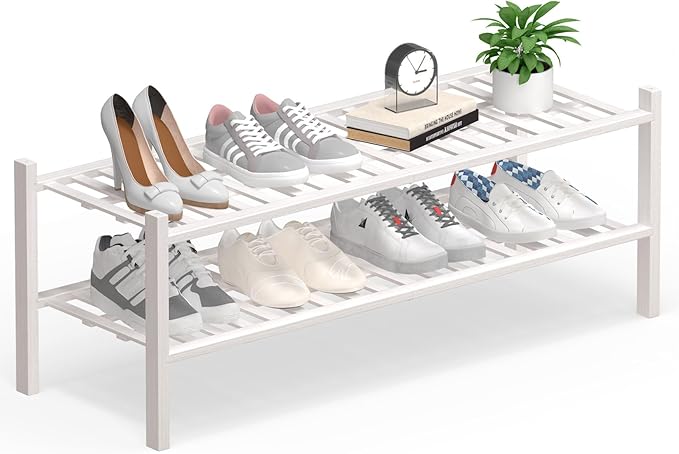 Haddockway Long 2 Tier Bamboo Shoe Rack Storage Organizer, Multifunctional Free Standing Stackable Shoe Shelf with Grid Panel for Closet,Hallway,Entryway,Small Space 34.2"x11"x13"(White, 2-Tier(Long))