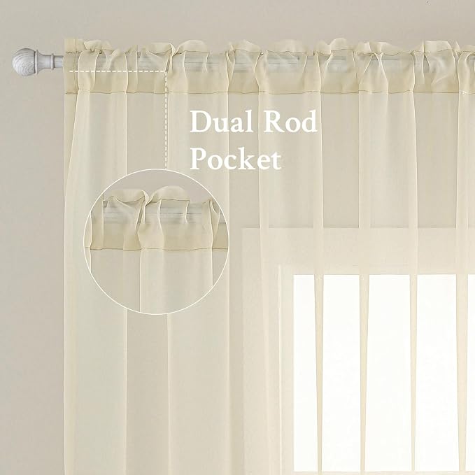 MIULEE Light Cream Sheer Curtains 96 inches Long Window Curtains 2 Panels Solid - Image 2