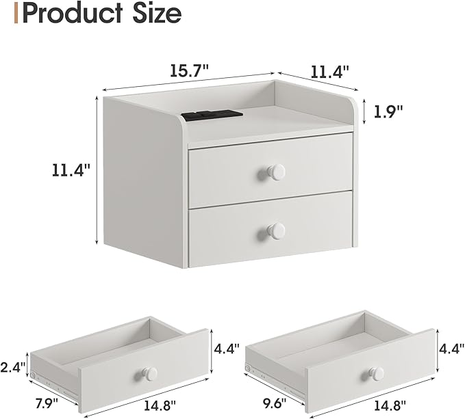 Floating Nightstand Set of 2 with 2 Storage Drawers and Charging Station Wood Wall Mounted Bedside End Table Modern Night Stands Set 2 for Bedroom,Small Space,White