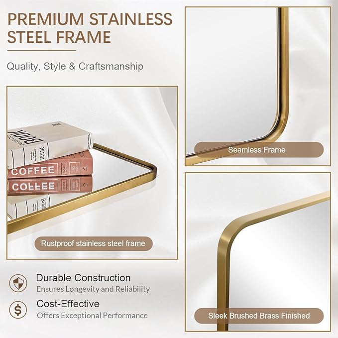 ANDY STAR Brushed Gold Mirrors for Bathroom, 24x36’’ Rounded Rectangle Mirror, Modern Brass Bathroom Vanity Mirror Non-Rusting Metal Tube Framed 1’’ Deep Wall-Mounted Mirrors Vertical/Horizontal